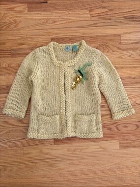 Anthropologie Yellow Mohair Knit Cardigan with Floral Velvet Appliqué